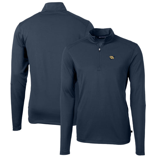 Men's Cutter & Buck Navy West Virginia Mountaineers Virtue Eco Pique Recycled Quarter-Zip Pullover Top