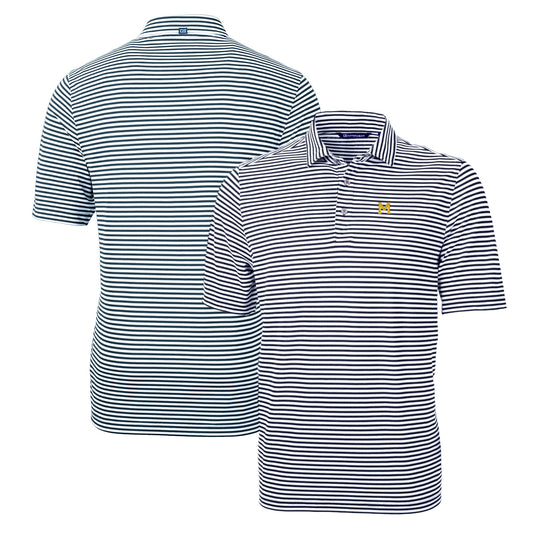 Men's Cutter & Buck Navy Michigan Wolverines Throwback Logo Virtue Eco Pique Stripe Recycled Polo