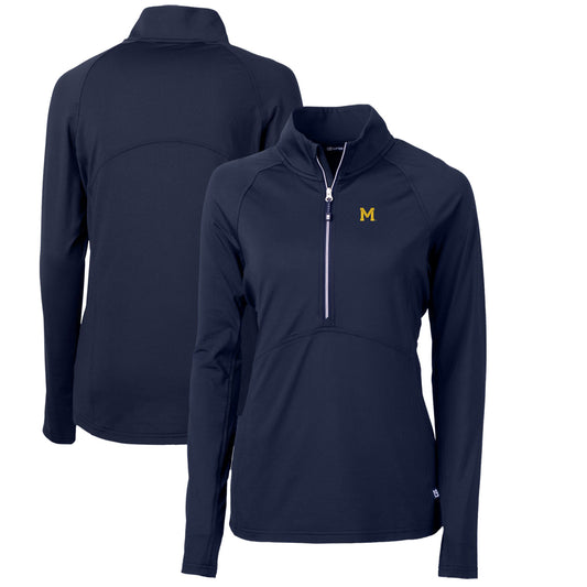 Women's Cutter & Buck Navy Michigan Wolverines Adapt Eco Knit Stretch Recycled Half-Zip Pullover Top