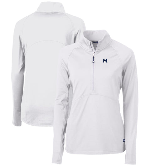 Women's Cutter & Buck White Michigan Wolverines Adapt Eco Knit Stretch Recycled Half-Zip Pullover Top