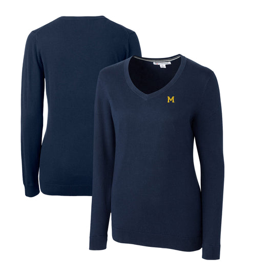 Women's Cutter & Buck Navy Michigan Wolverines Lakemont Tri-Blend V-Neck Pullover Sweater