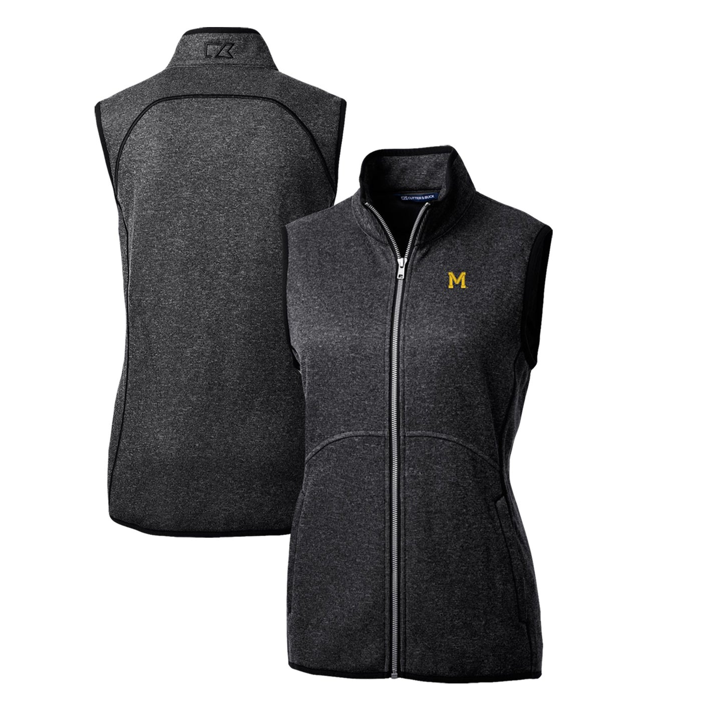 Women's Cutter & Buck Heather Charcoal Michigan Wolverines Mainsail Basic Sweater-Knit Full-Zip Vest