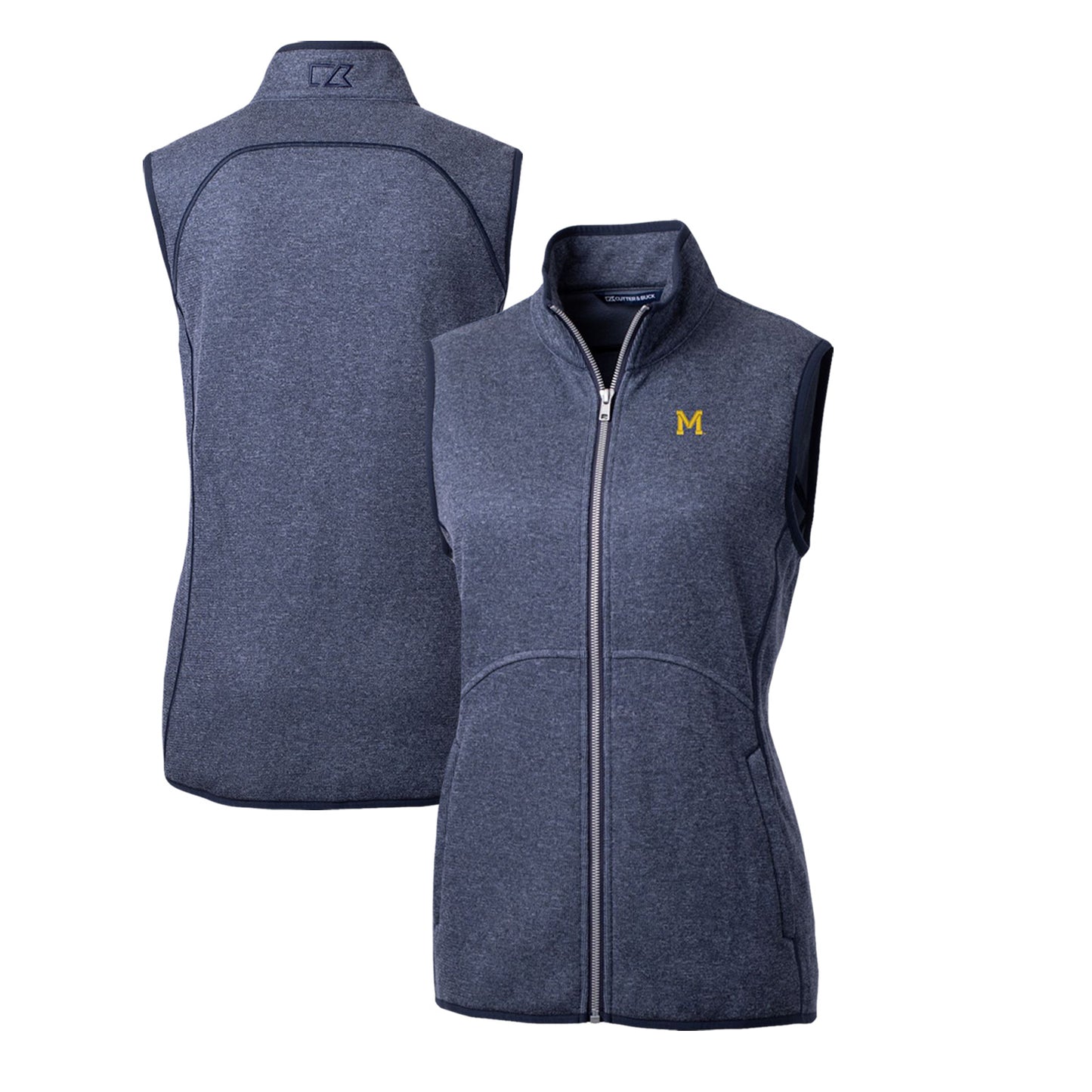 Women's Cutter & Buck Heather Navy Michigan Wolverines Mainsail Basic Sweater-Knit Full-Zip Vest