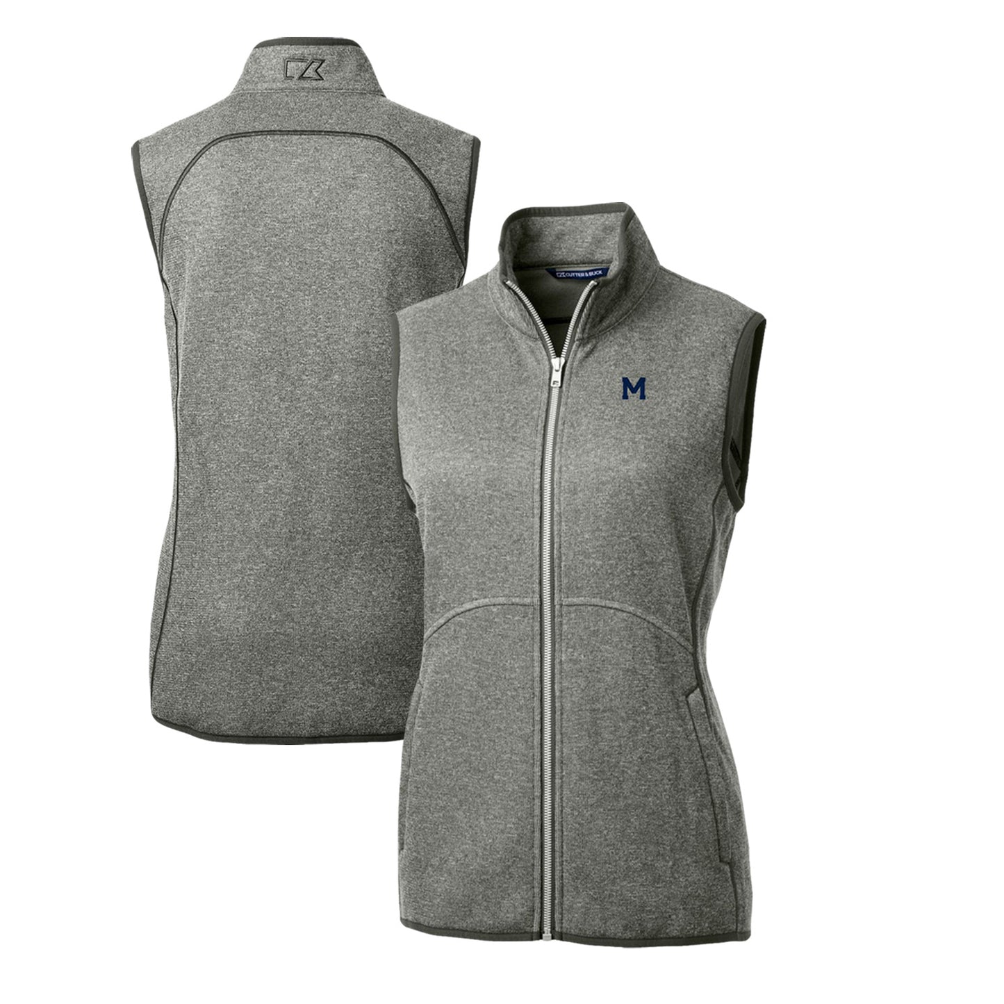 Women's Cutter & Buck Heather Gray Michigan Wolverines Mainsail Basic Sweater-Knit Full-Zip Vest