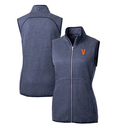 Women's Cutter & Buck Heather Navy Virginia Cavaliers Vintage Mainsail Basic Sweater-Knit Full-Zip Vest