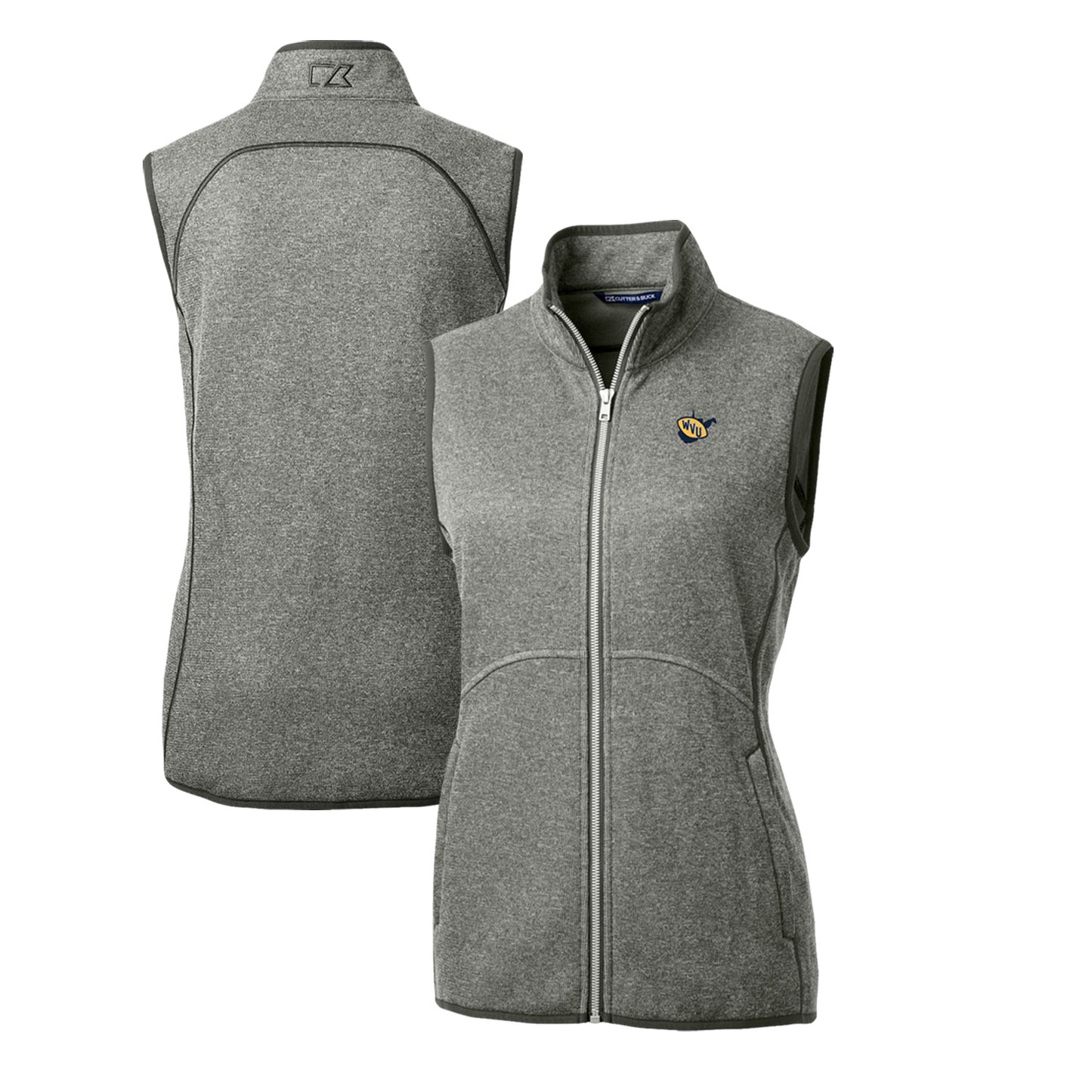 Women's Cutter & Buck Heather Gray West Virginia Mountaineers Mainsail Basic Sweater-Knit Full-Zip Vest