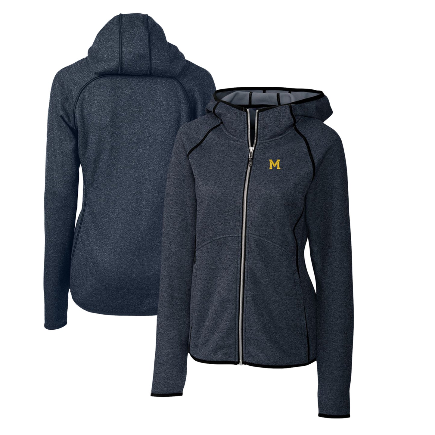 Women's Cutter & Buck Heather Navy Michigan Wolverines Mainsail Sweater-Knit Full-Zip Hoodie