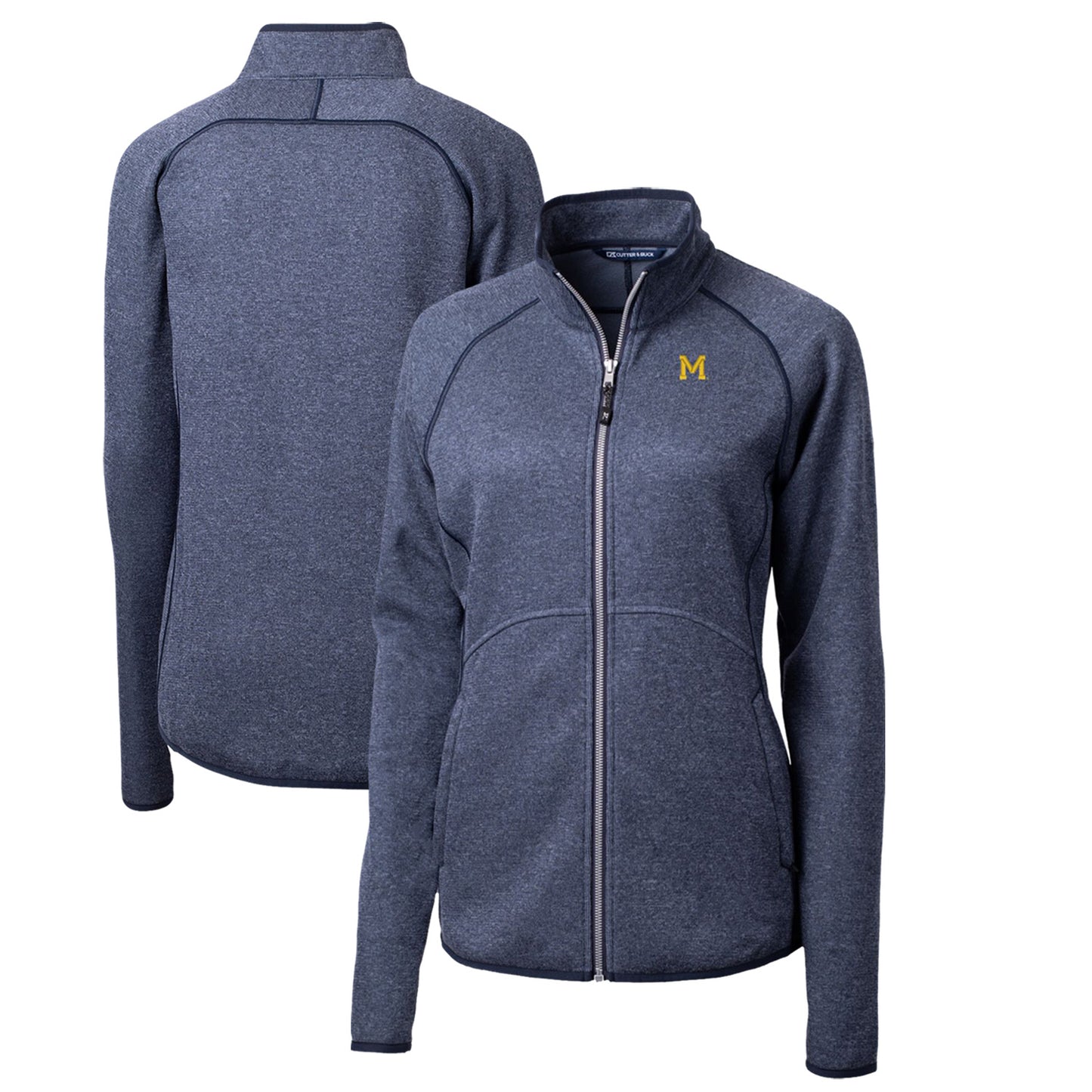 Women's Cutter & Buck Heather Navy Michigan Wolverines Mainsail Sweater-Knit Full-Zip Jacket