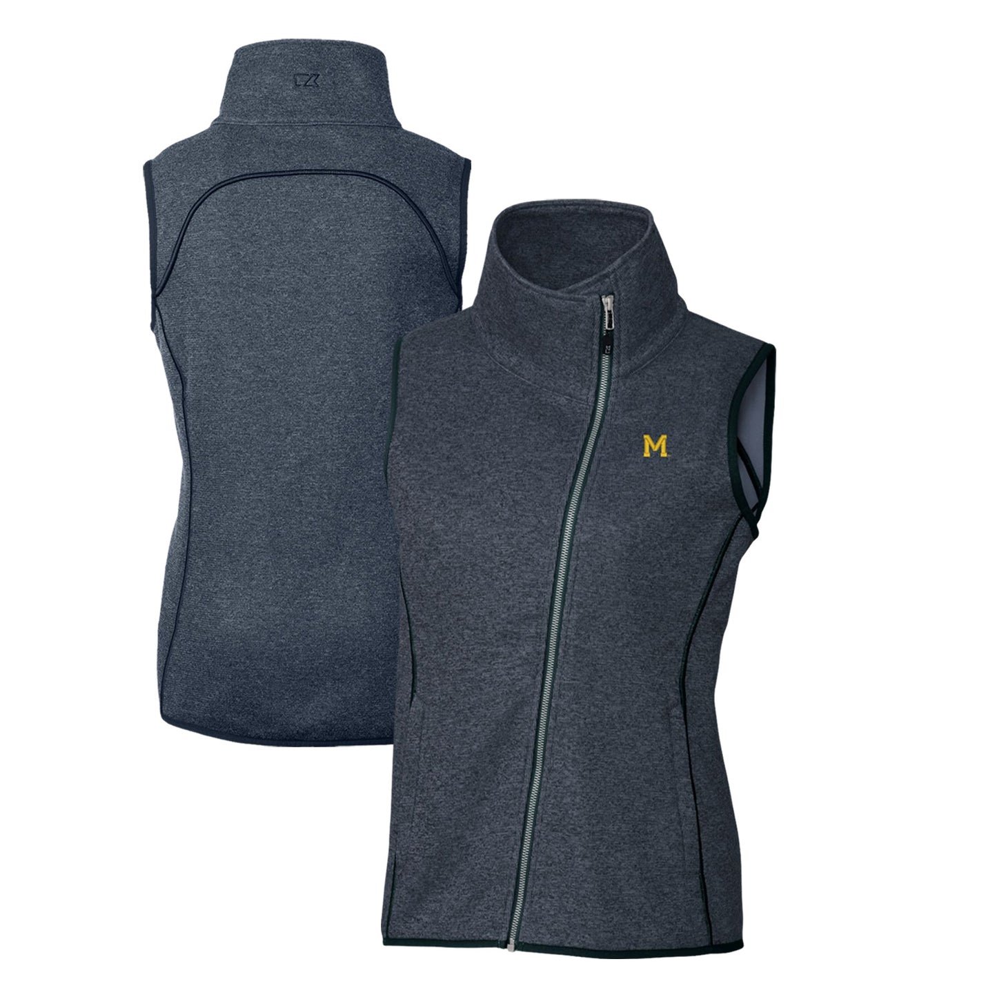 Women's Cutter & Buck Heather Navy Michigan Wolverines Mainsail Sweater-Knit Full-Zip Vest