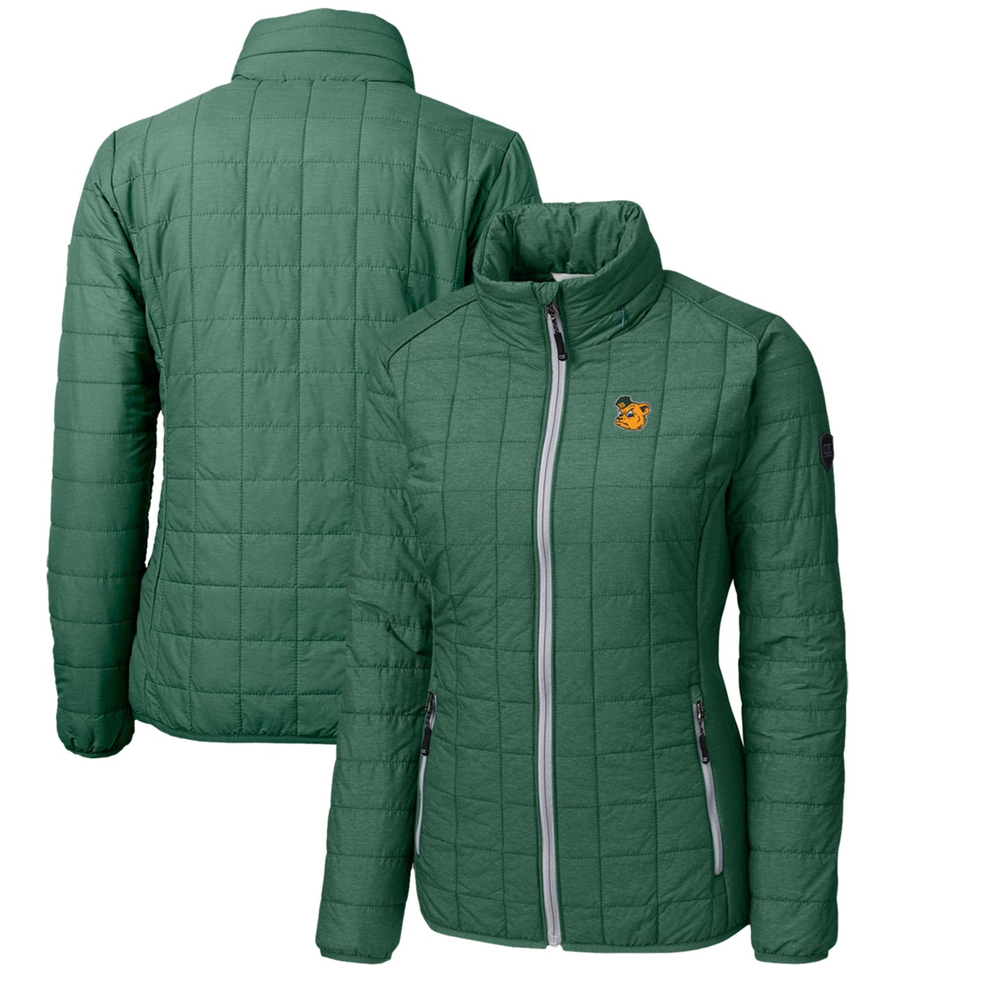 Women's Cutter & Buck Heather Green Baylor Bears Vault Rainier PrimaLoft Eco Insulated Full-Zip Puffer Jacket