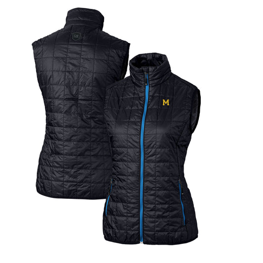 Women's Cutter & Buck Navy Michigan Wolverines Vault Rainier PrimaLoft Eco Full-Zip Puffer Vest