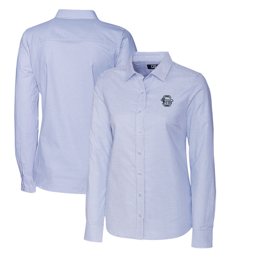 Women's Cutter & Buck Light Blue Penn State Nittany Lions Oxford Stripe Stretch Long Sleeve Button-Up Shirt