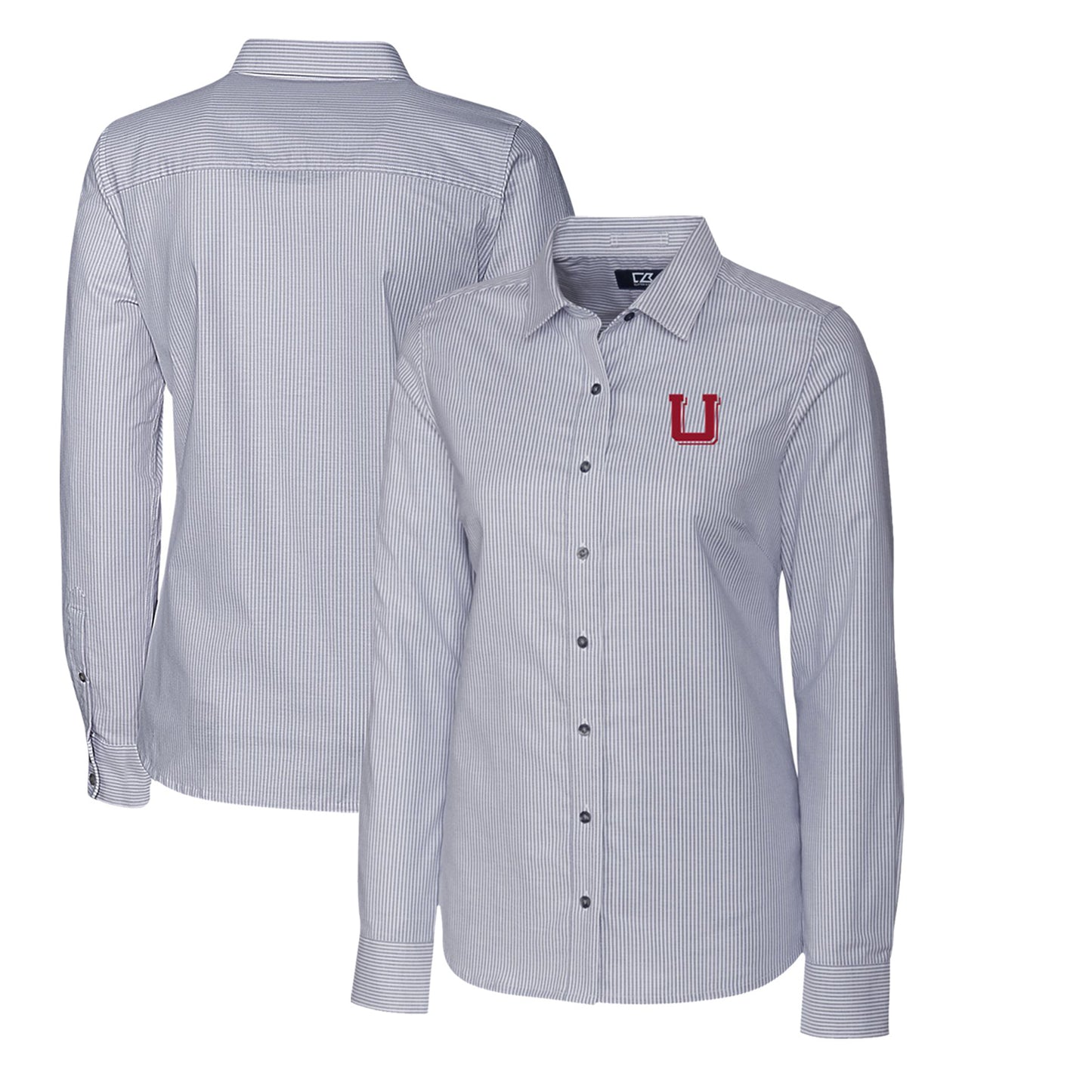 Women's Cutter & Buck Charcoal Utah Utes Oxford Stripe Stretch Long Sleeve Button-Up Shirt