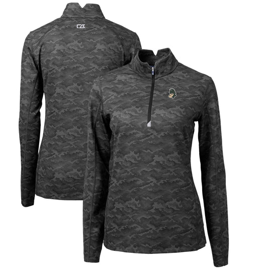 Women's Cutter & Buck Black Michigan State Spartans Traverse Camo Print Stretch Quarter-Zip Pullover Top