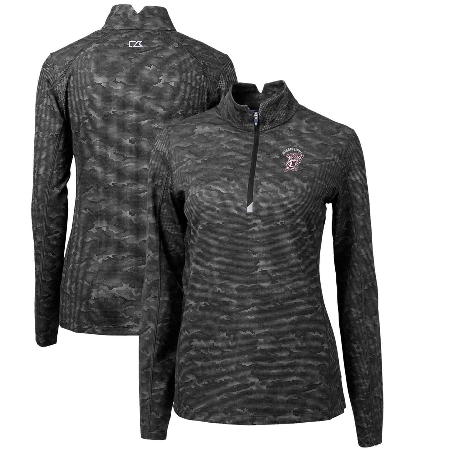 Women's Cutter & Buck Black Mississippi State Bulldogs Traverse Camo Print Stretch Quarter-Zip Pullover Top