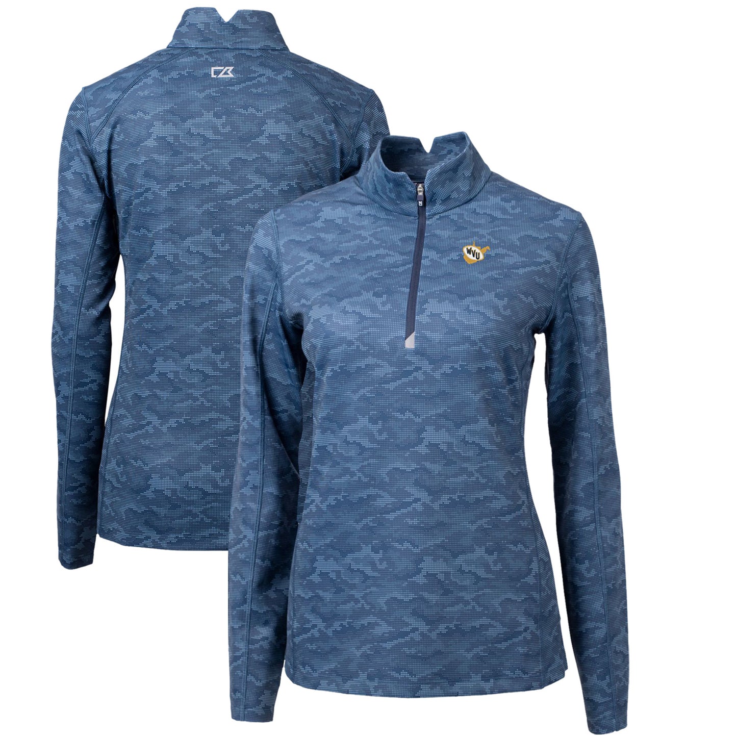 Women's Cutter & Buck Navy West Virginia Mountaineers Traverse Camo Print Stretch Quarter-Zip Pullover Top