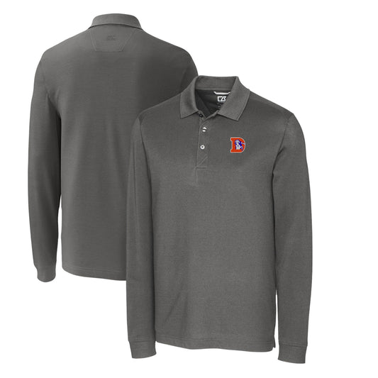 Men's Cutter & Buck Steel Denver Broncos Advantage Tri-Blend Pique Big & Tall Long Sleeve Throwback Polo