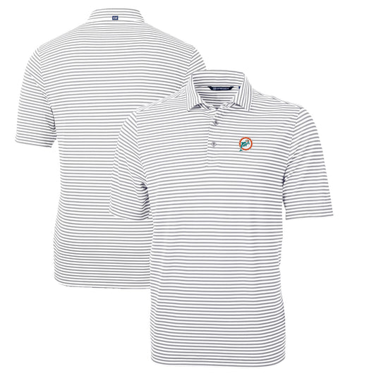 Men's Cutter & Buck Gray Miami Dolphins Throwback Logo Virtue Eco Pique Stripe Recycled Big & Tall Polo