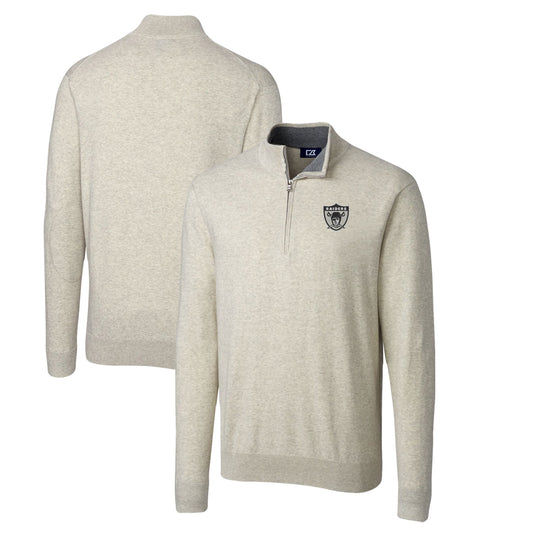 Men's Cutter & Buck Oatmeal Las Vegas Raiders Throwback Logo Lakemont Tri-Blend Big & Tall Quarter-Zip Pullover Sweater