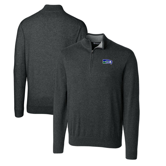 Men's Cutter & Buck Heather Charcoal Seattle Seahawks Throwback Logo Lakemont Tri-Blend Big & Tall Quarter-Zip Pullover Sweater