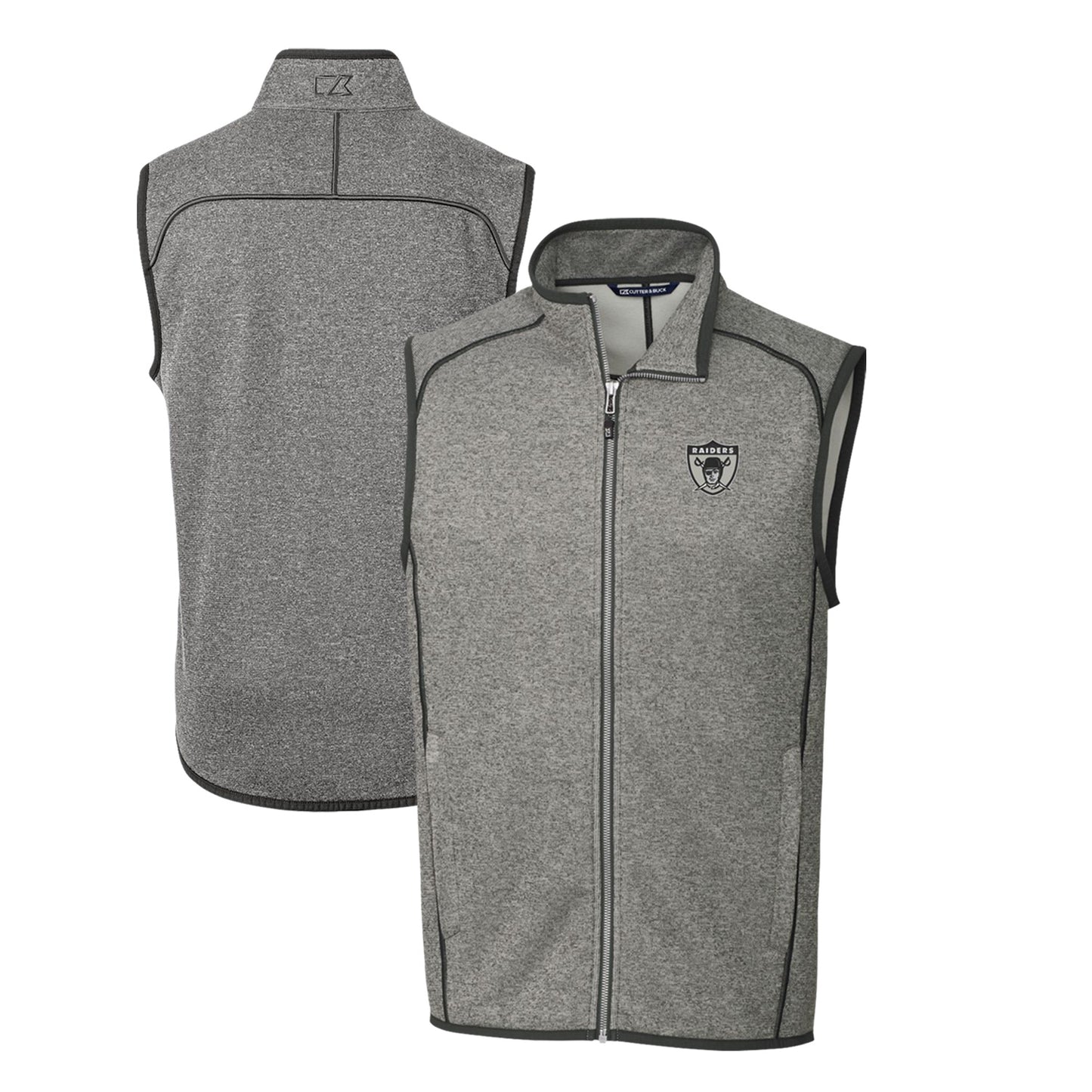 Men's Cutter & Buck Heather Gray Las Vegas Raiders Throwback Logo Mainsail Sweater-Knit Big & Tall Full-Zip Vest