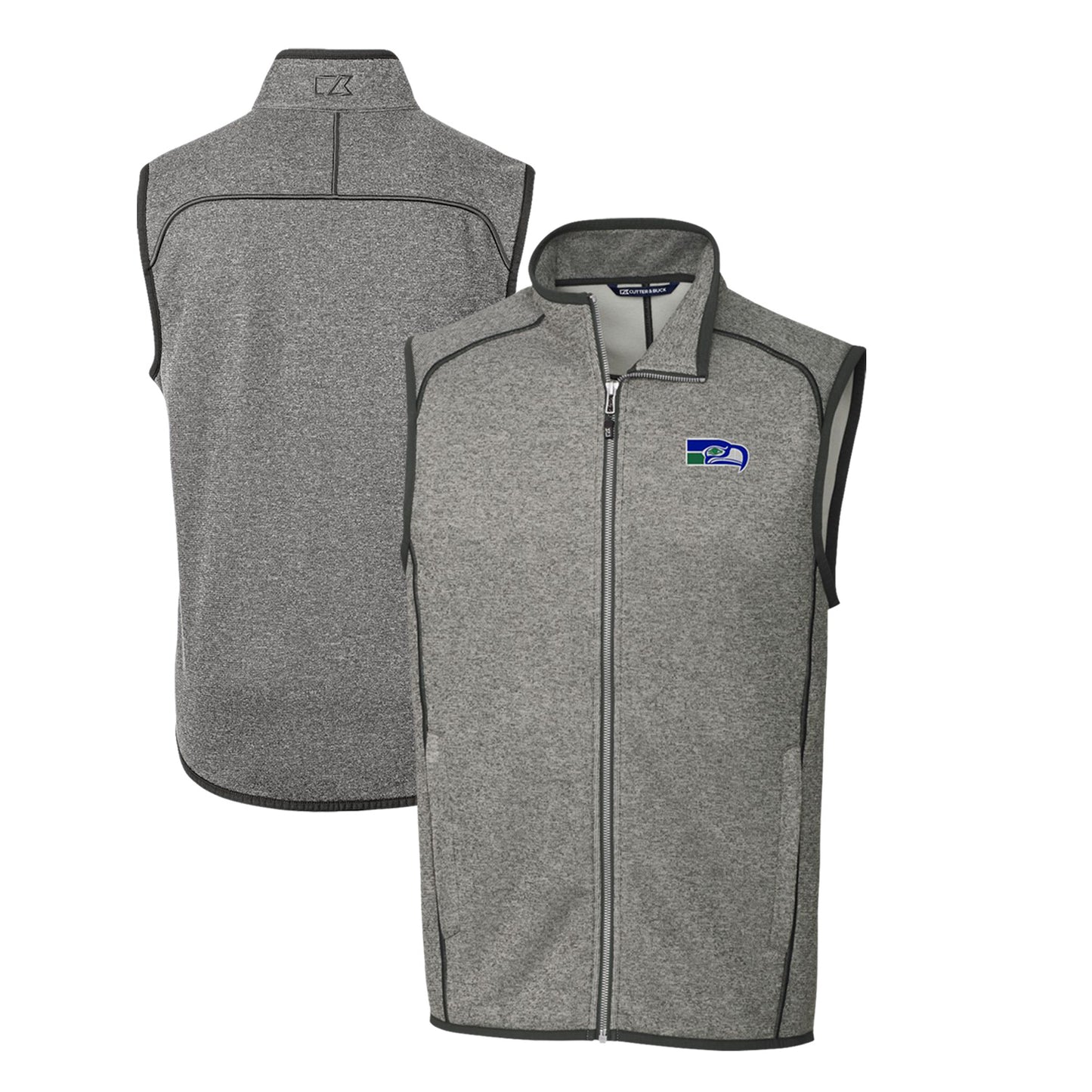 Men's Cutter & Buck Heather Gray Seattle Seahawks Throwback Logo Mainsail Sweater-Knit Big & Tall Full-Zip Vest