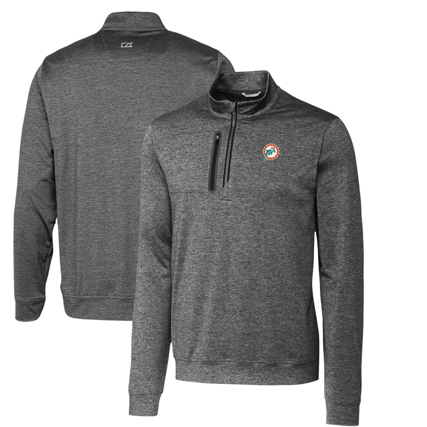 Men's Cutter & Buck Steel Miami Dolphins Stealth Heathered Big & Tall Throwback Logo Quarter-Zip Pullover Top