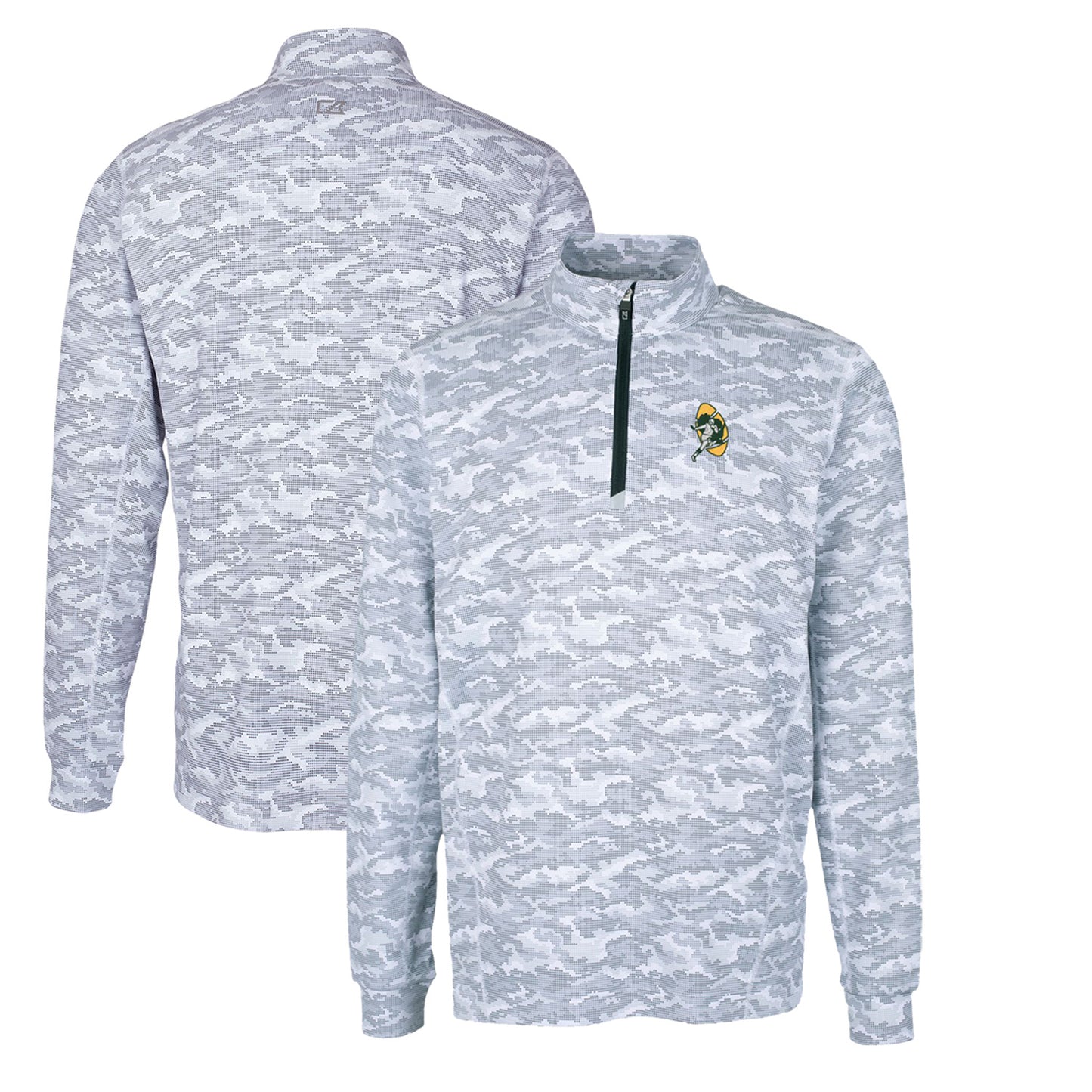 Men's Cutter & Buck Charcoal Green Bay Packers Throwback Logo Big & Tall Traverse Camo Print Stretch Quarter-Zip Pullover Top