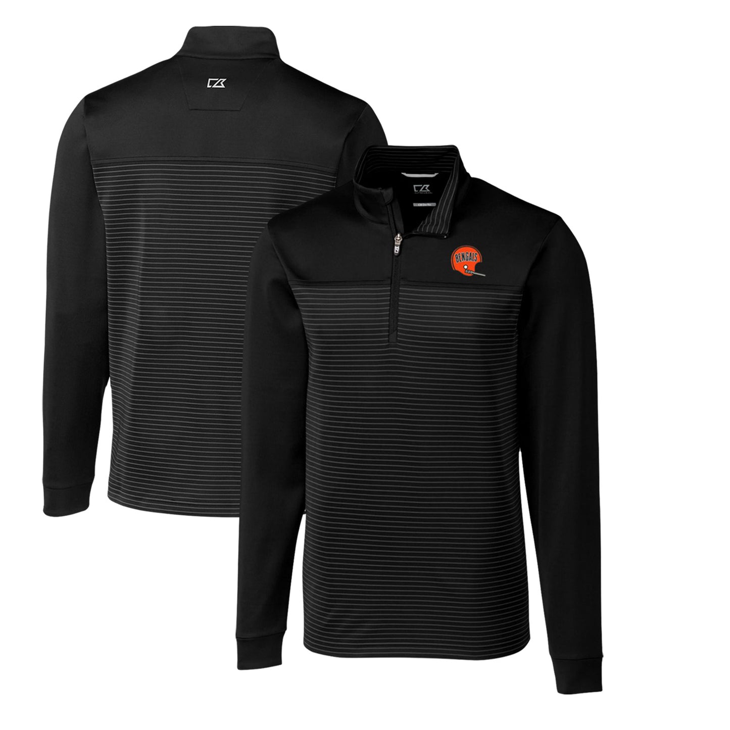 Men's Cutter & Buck Black Cincinnati Bengals Throwback Logo Traverse Stripe Stretch Quarter-Zip Big & Tall Pullover Top