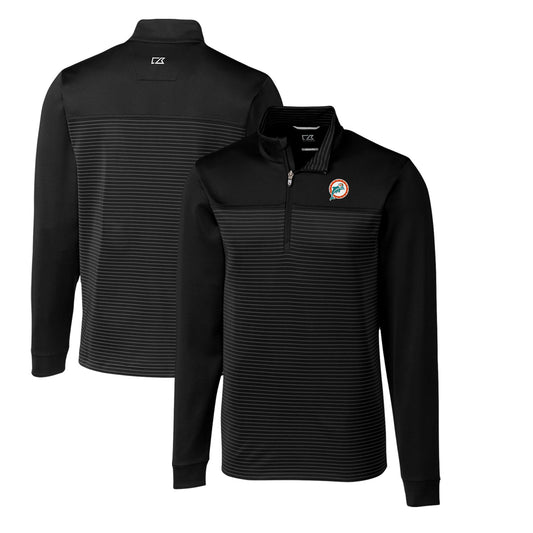 Men's Cutter & Buck Black Miami Dolphins Throwback Logo Traverse Stripe Stretch Quarter-Zip Big & Tall Pullover Top