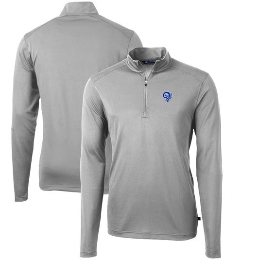 Men's Cutter & Buck Gray Los Angeles Rams Throwback Logo Virtue Eco Pique Recycled Quarter-Zip Big & Tall Pullover Top