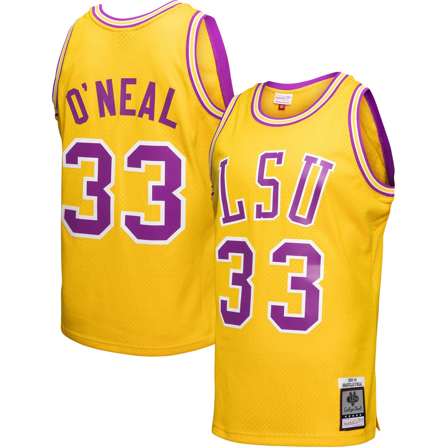 Men's Mitchell & Ness Shaquille O'Neal Gold LSU Tigers 1990/91 College Vault Player Swingman Jersey