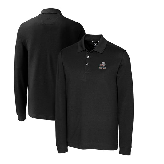 Men's Cutter & Buck Black Cleveland Browns Advantage Tri-Blend Pique Long Sleeve Throwback Polo