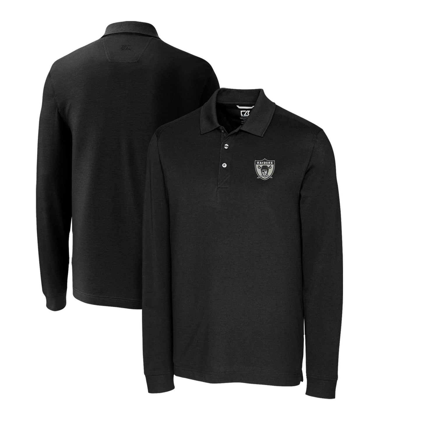 Men's Cutter & Buck Black Las Vegas Raiders Advantage Tri-Blend Pique Long Sleeve Throwback Polo