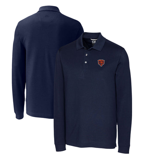 Men's Cutter & Buck Navy Chicago Bears Advantage Tri-Blend Pique Long Sleeve Throwback Polo