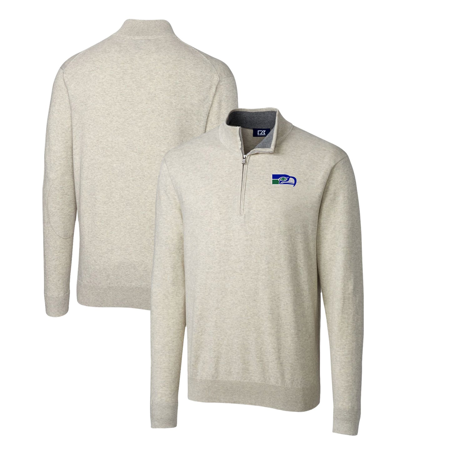 Men's Cutter & Buck Oatmeal Seattle Seahawks Throwback Logo Lakemont Tri-Blend Quarter-Zip Pullover Sweater