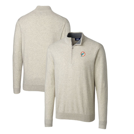 Men's Cutter & Buck Oatmeal Miami Dolphins Throwback Logo Lakemont Tri-Blend Quarter-Zip Pullover Sweater