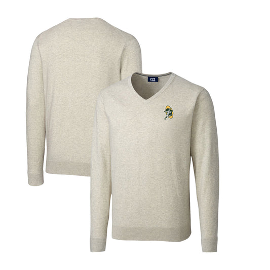 Men's Cutter & Buck Oatmeal Green Bay Packers Throwback Logo Lakemont Tri-Blend V-Neck Pullover Sweater