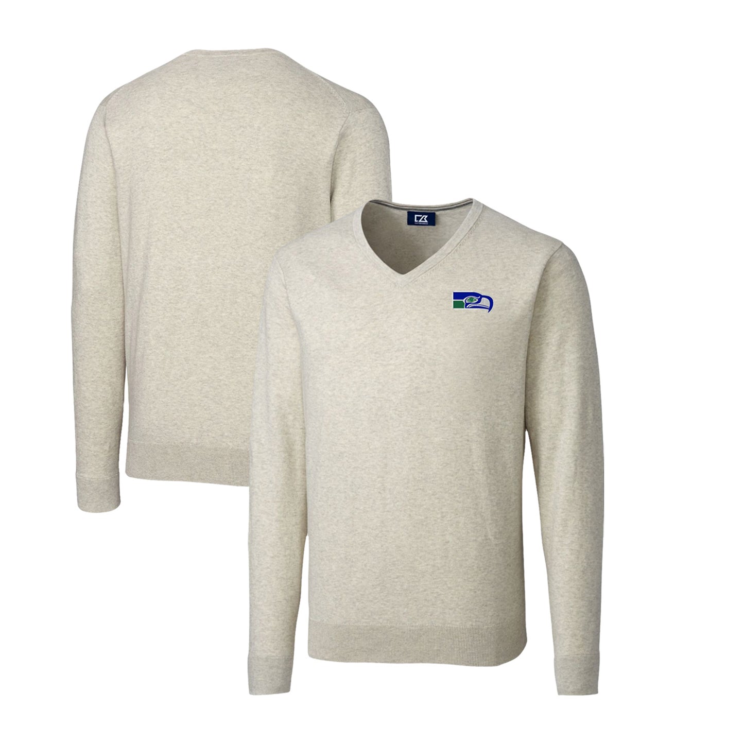 Men's Cutter & Buck Oatmeal Seattle Seahawks Throwback Logo Lakemont Tri-Blend V-Neck Pullover Sweater