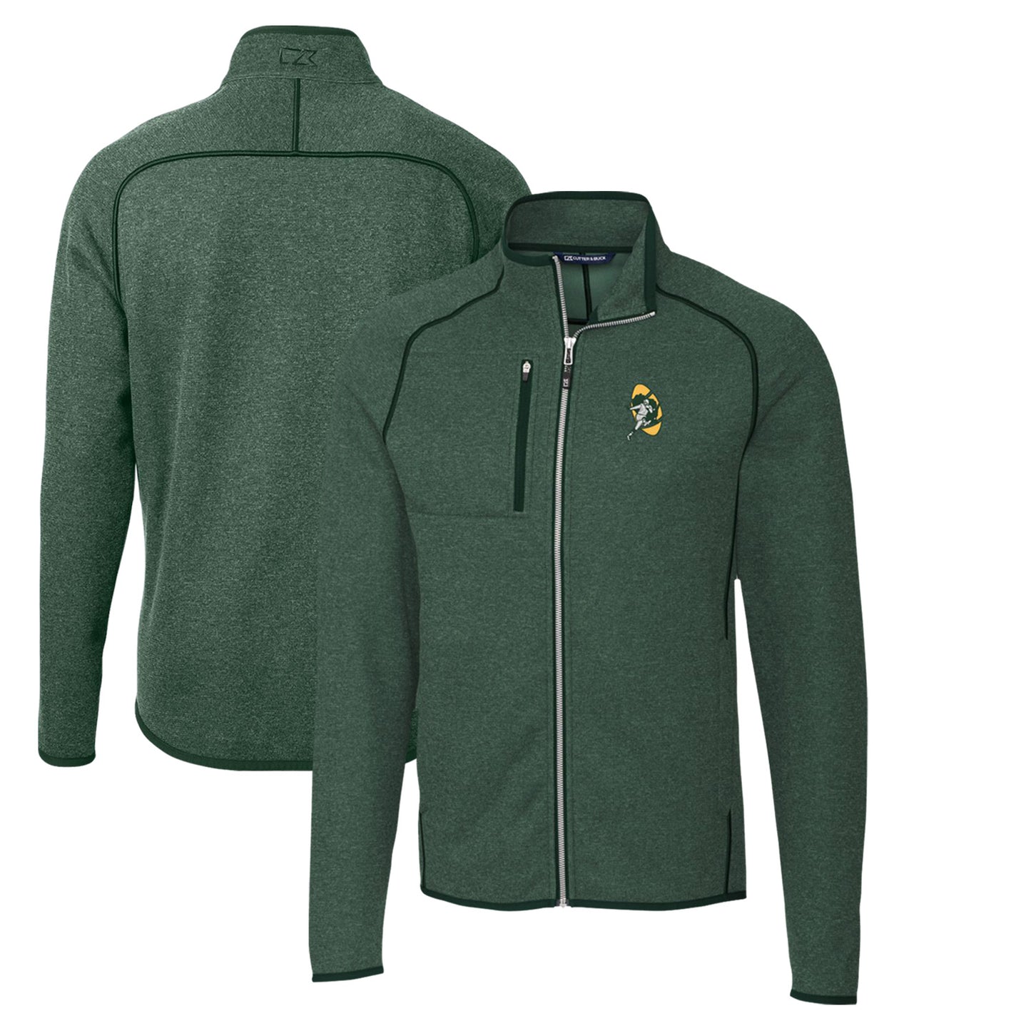 Men's Cutter & Buck Heather Green Green Bay Packers Throwback Logo Mainsail Sweater-Knit Full-Zip Jacket