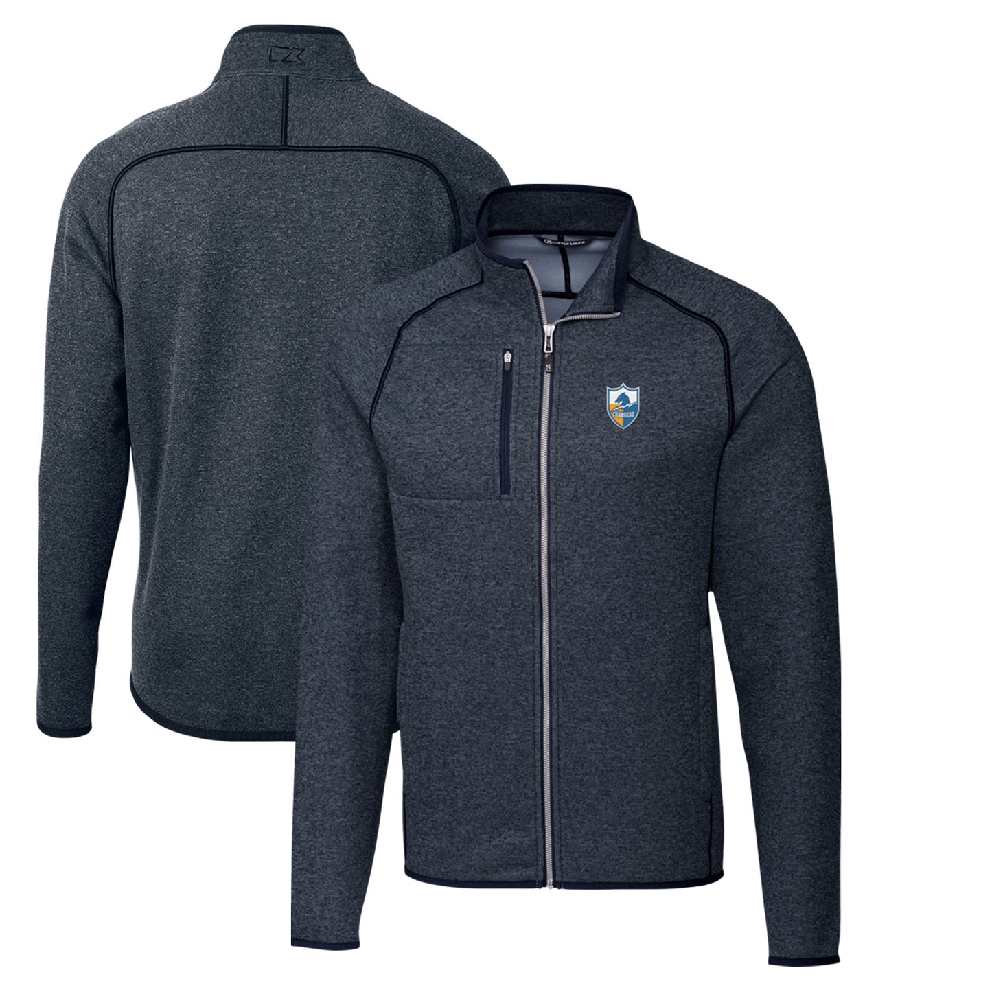 Men's Cutter & Buck Heather Navy Los Angeles Chargers Throwback Logo Mainsail Sweater-Knit Full-Zip Jacket