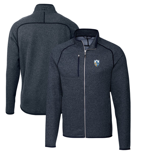 Men's Cutter & Buck Heather Navy Los Angeles Chargers Throwback Logo Mainsail Sweater-Knit Full-Zip Jacket