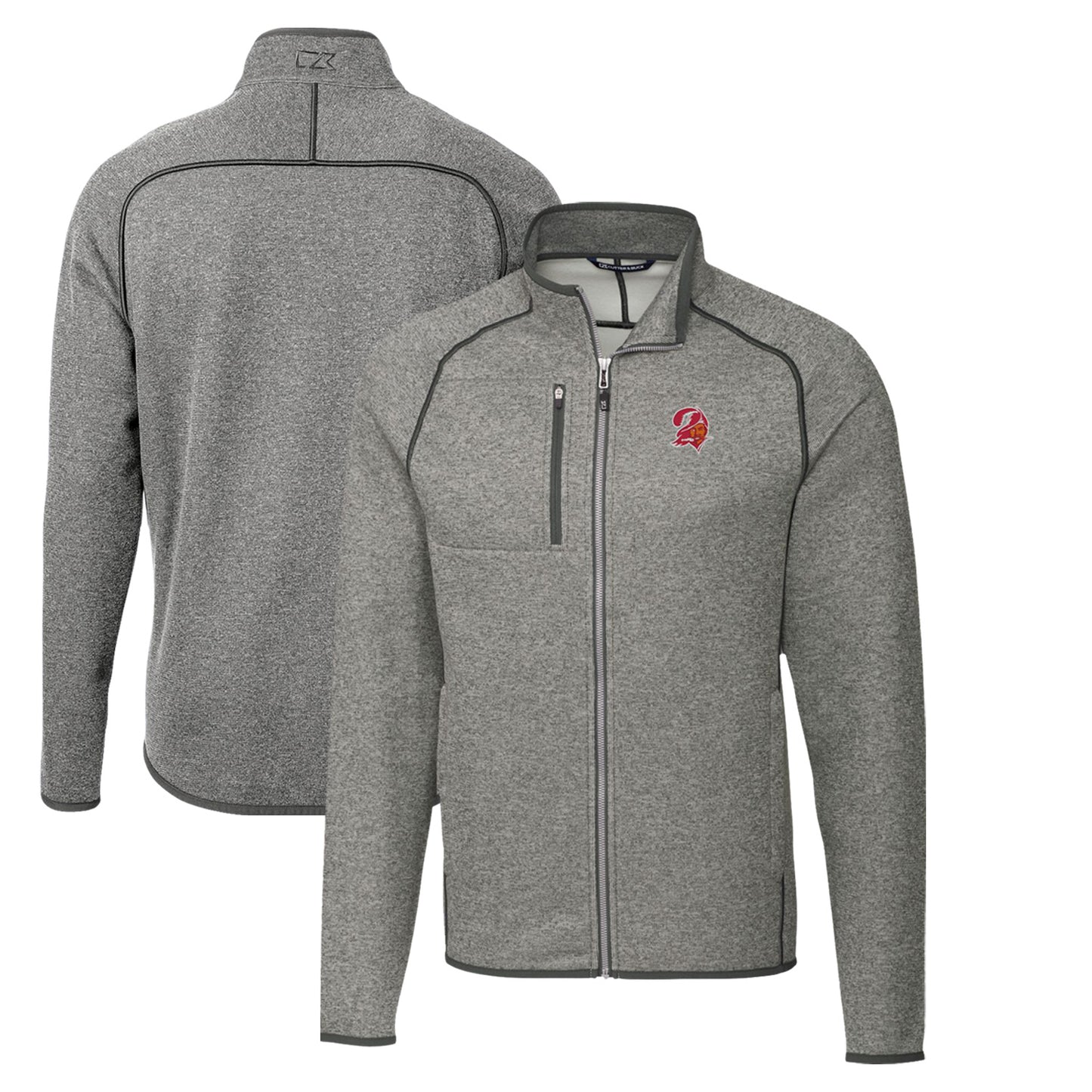 Men's Cutter & Buck Heather Gray Tampa Bay Buccaneers Throwback Logo Mainsail Sweater-Knit Full-Zip Jacket