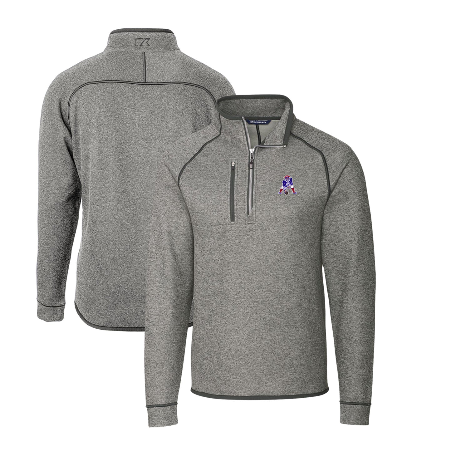 Men's Cutter & Buck Heather Gray New England Patriots Throwback Logo Mainsail Sweater-Knit Half-Zip Pullover Jacket