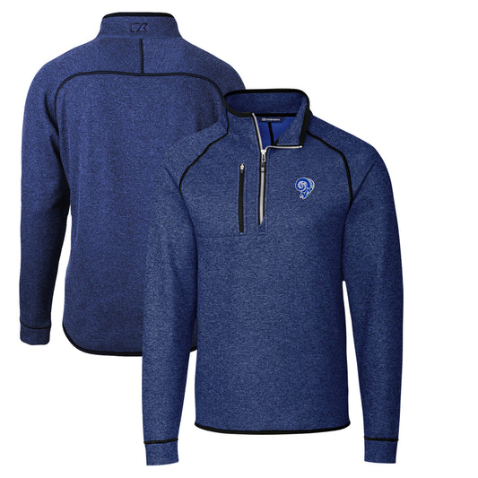 Men's Cutter & Buck Heather Royal Los Angeles Rams Throwback Logo Mainsail Sweater-Knit Half-Zip Pullover Jacket