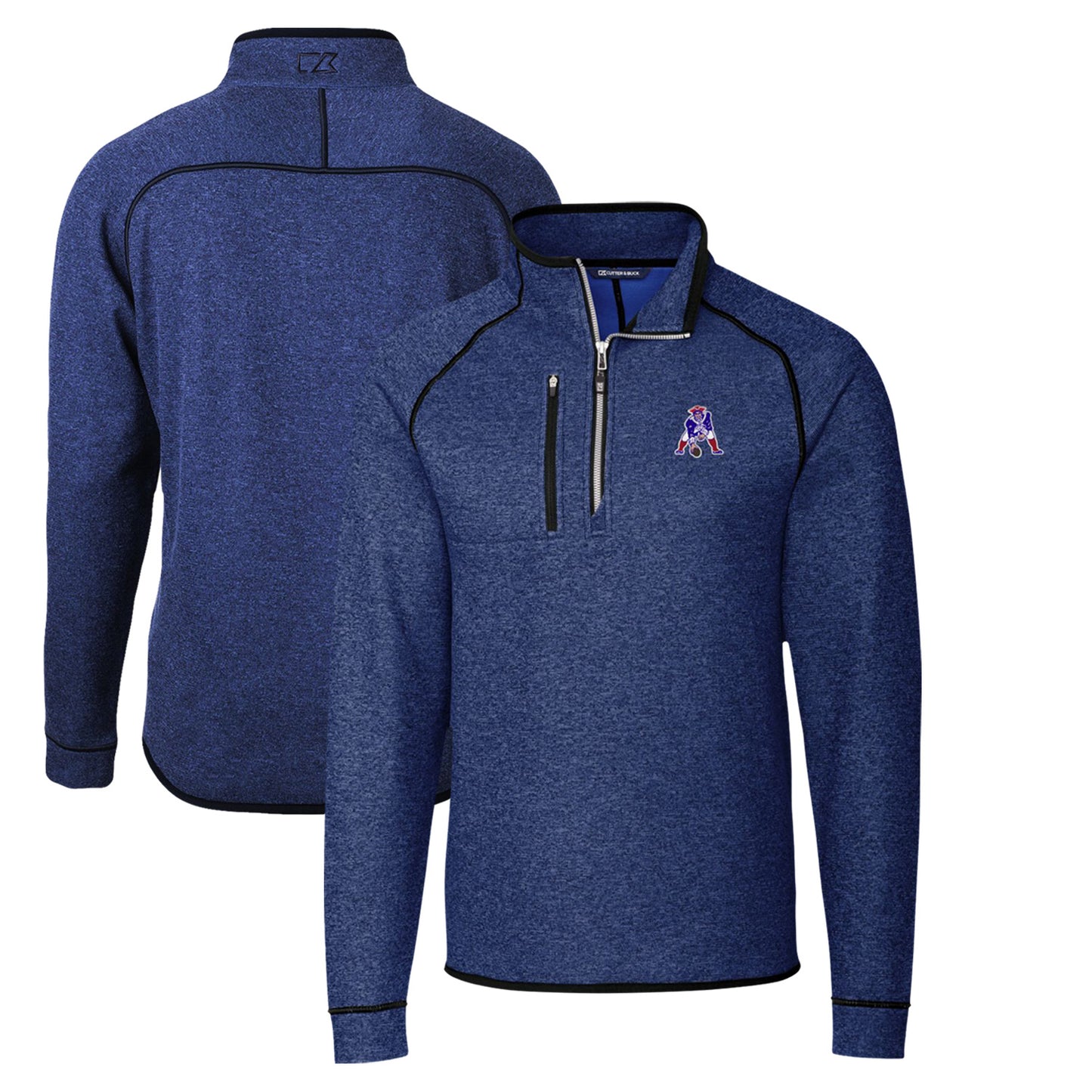 Men's Cutter & Buck Heather Royal New England Patriots Throwback Logo Mainsail Sweater-Knit Half-Zip Pullover Jacket