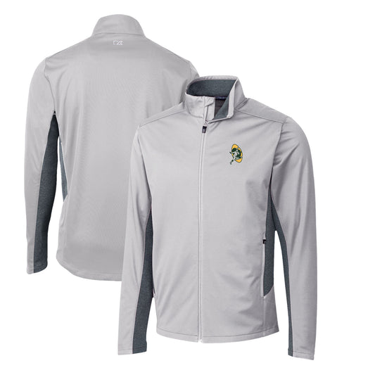 Men's Cutter & Buck Gray Green Bay Packers Throwback Logo Navigate Softshell Full-Zip Jacket