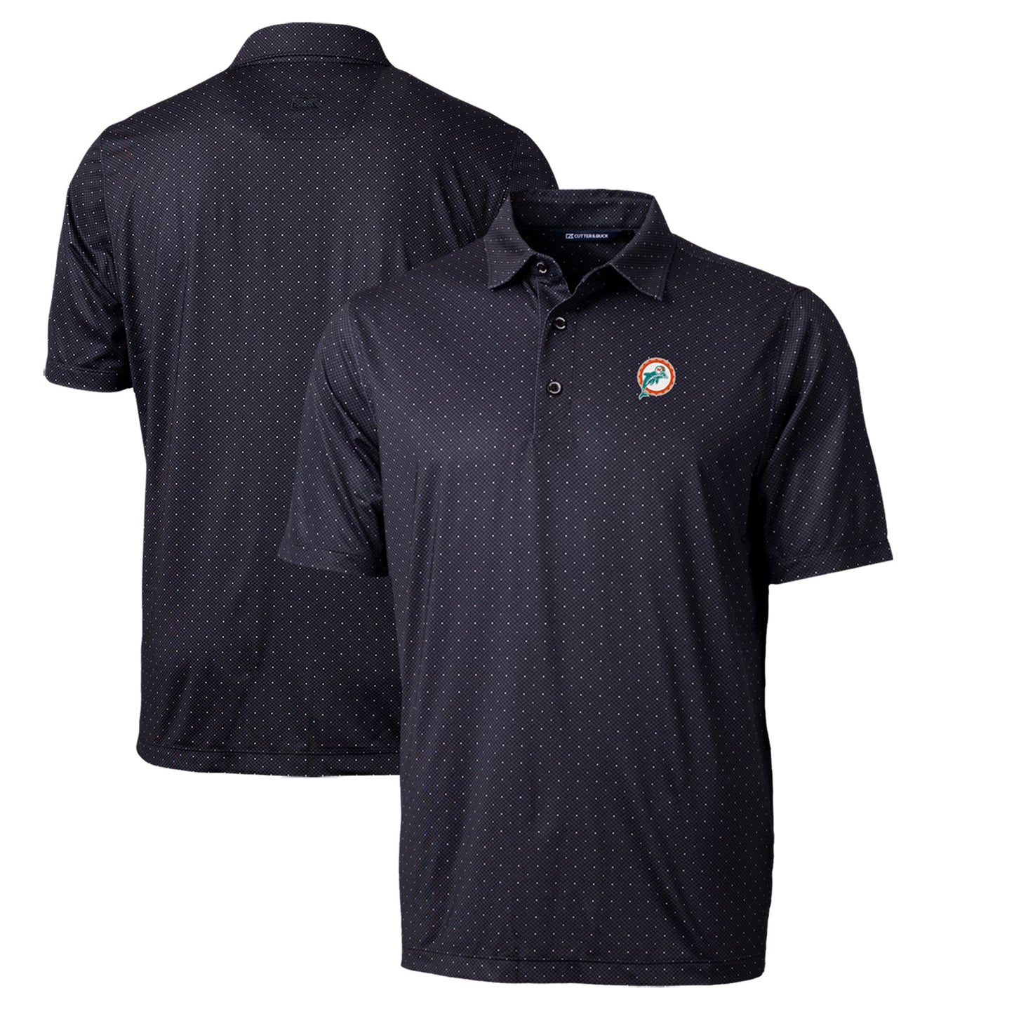 Men's Cutter & Buck Black Miami Dolphins Throwback Logo Pike Double Dot Print Stretch Polo