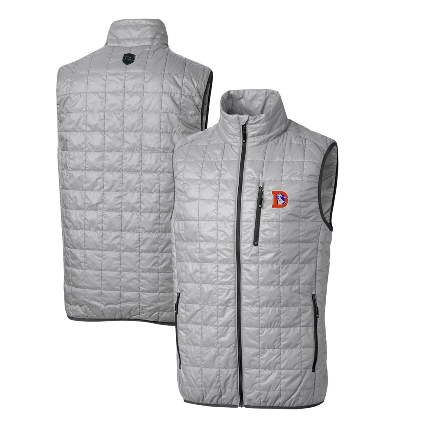 Men's Cutter & Buck Gray Denver Broncos Throwback Logo Rainier PrimaLoft Eco Insulated Full-Zip Puffer Vest