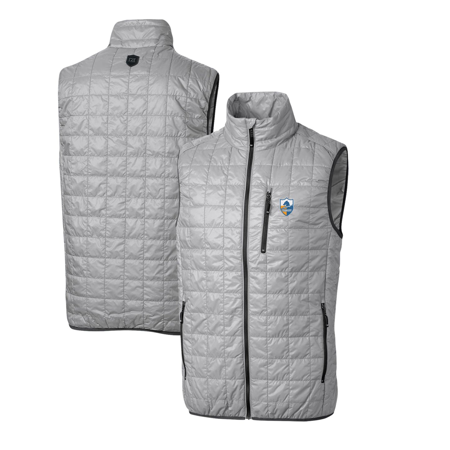 Men's Cutter & Buck Gray Los Angeles Chargers Throwback Logo Rainier PrimaLoft Eco Insulated Full-Zip Puffer Vest